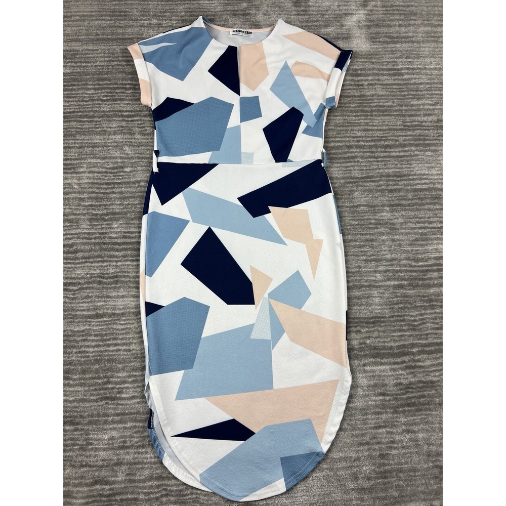 ECOWISH Dress Womens Small Blue Geometric Abstract Short Sleeve Tulip Hem Sheath